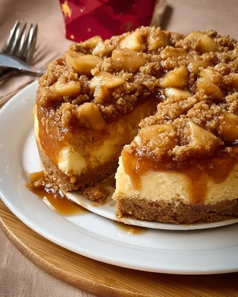 Slice of Easy Dutch Apple Pie Cheesecake topped with apple slices and caramel.