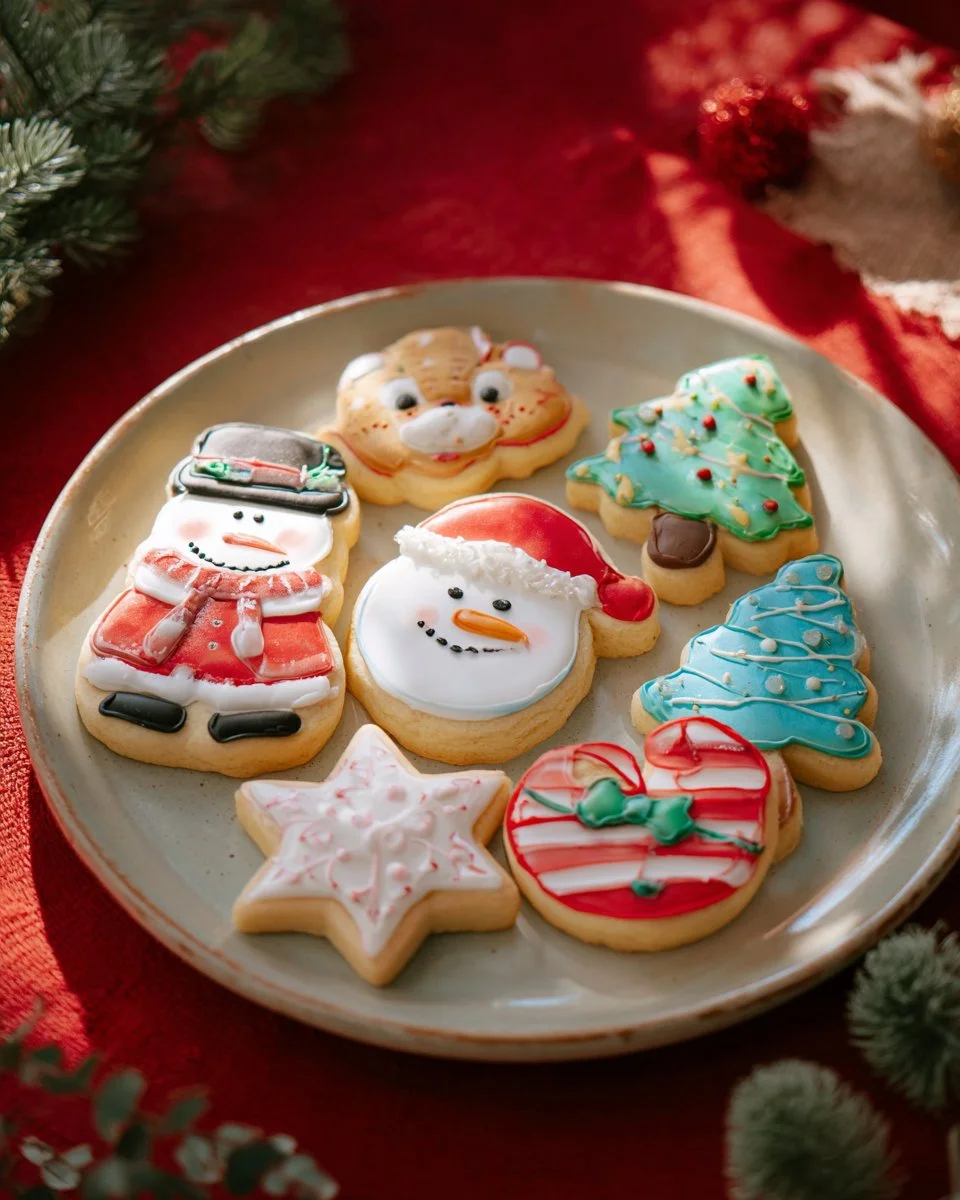 A plate of easy gluten-free Christmas cookies decorated with festive icing.