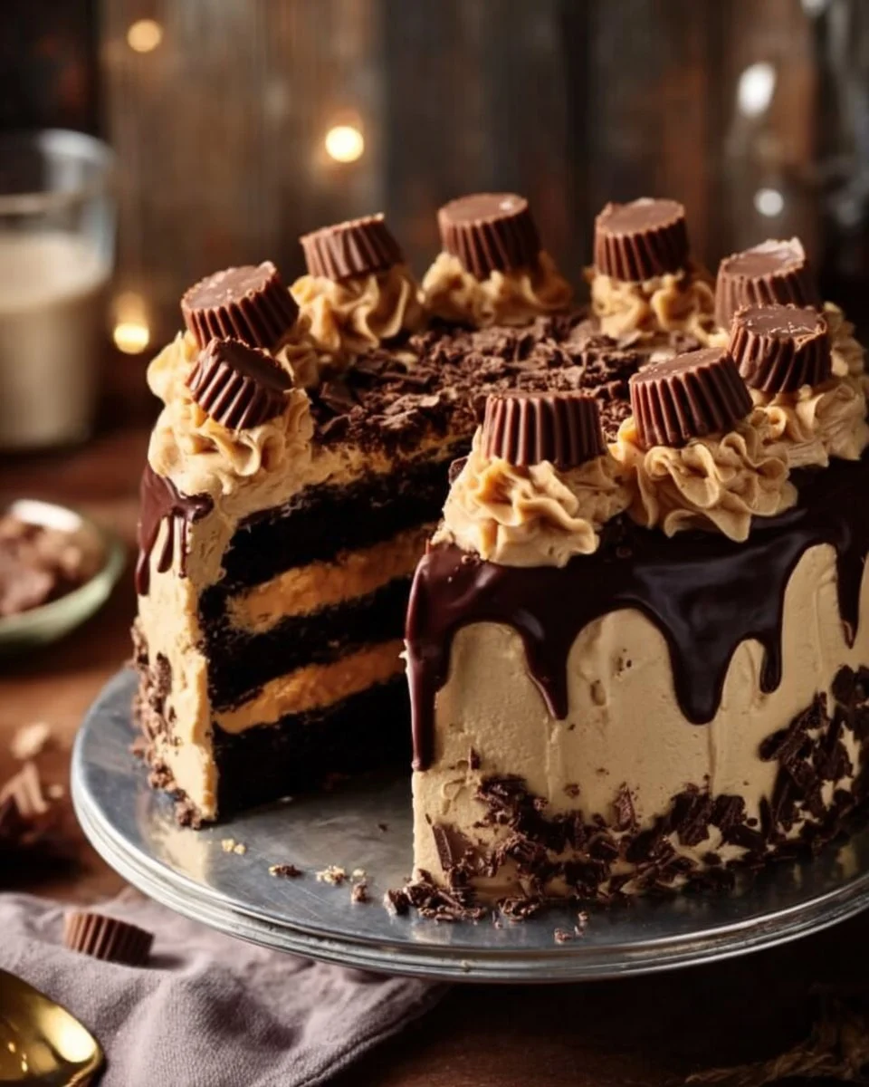 Extra moist and rich chocolate peanut butter cake on a white plate