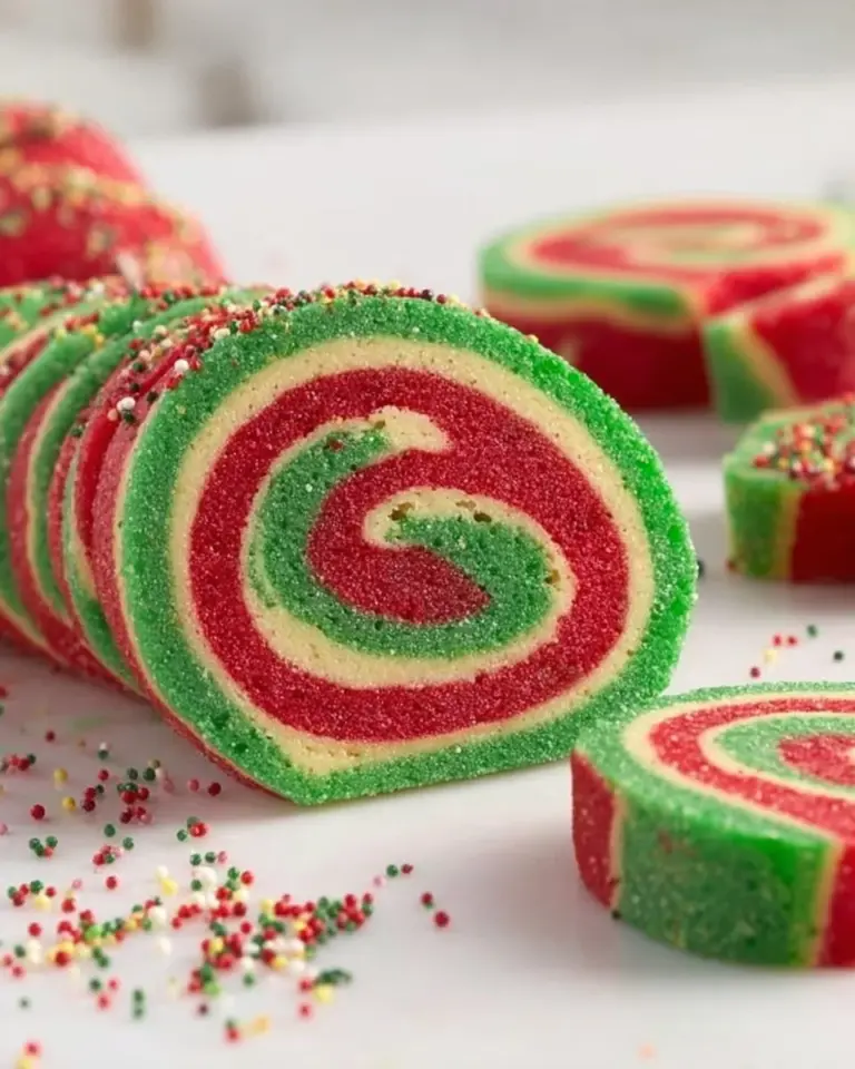 Festive pinwheel sugar cookies with vibrant swirls ready for the holidays.