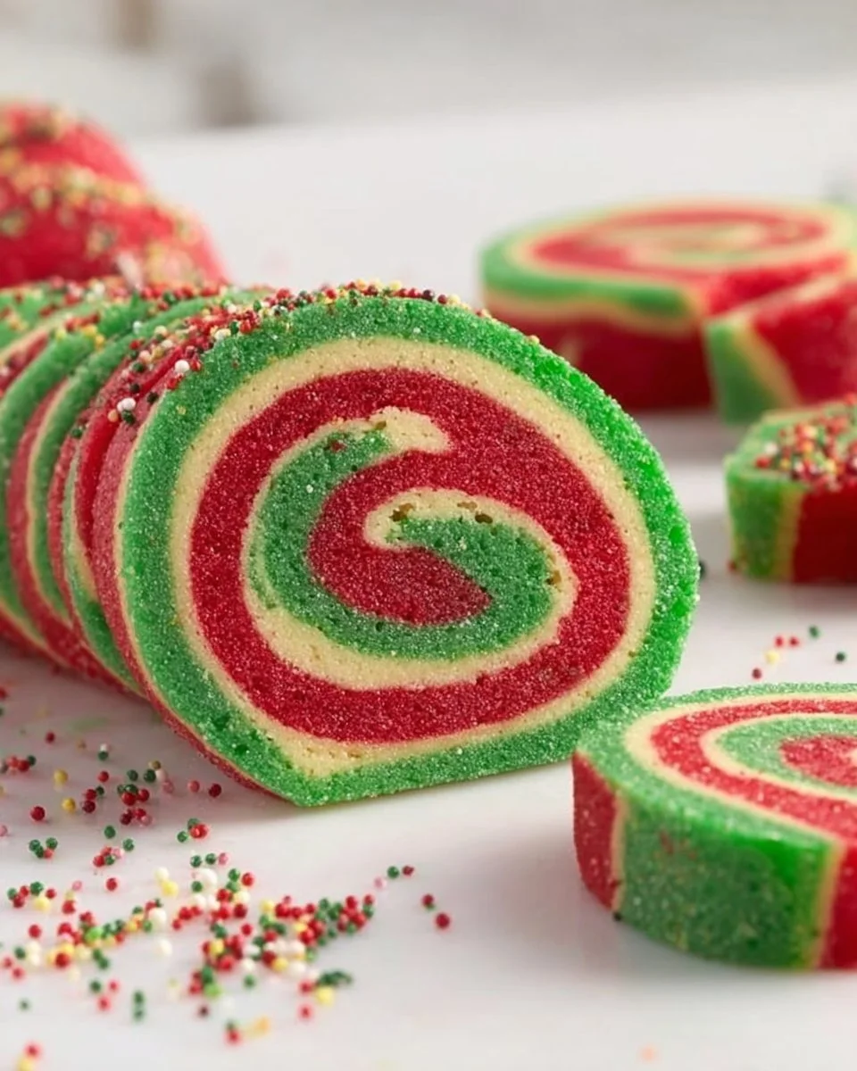Festive pinwheel sugar cookies with vibrant swirls ready for the holidays.