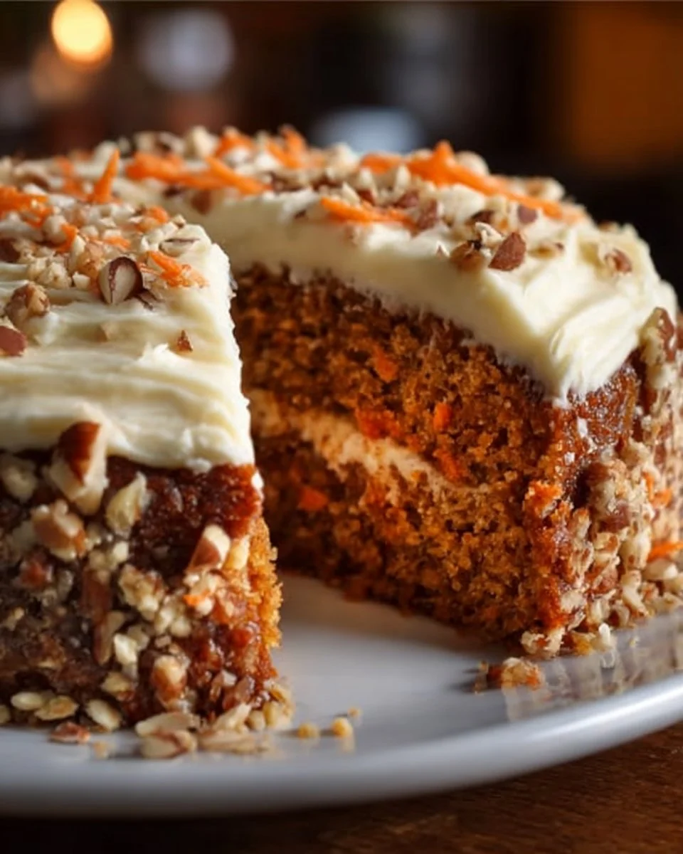 Delicious flourless carrot cake slice on a plate with cream cheese frosting
