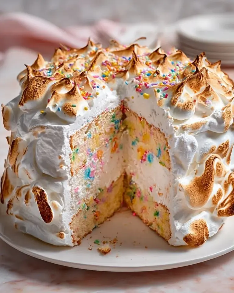 Fluffy Funfetti Angel Food Cake topped with colorful sprinkles