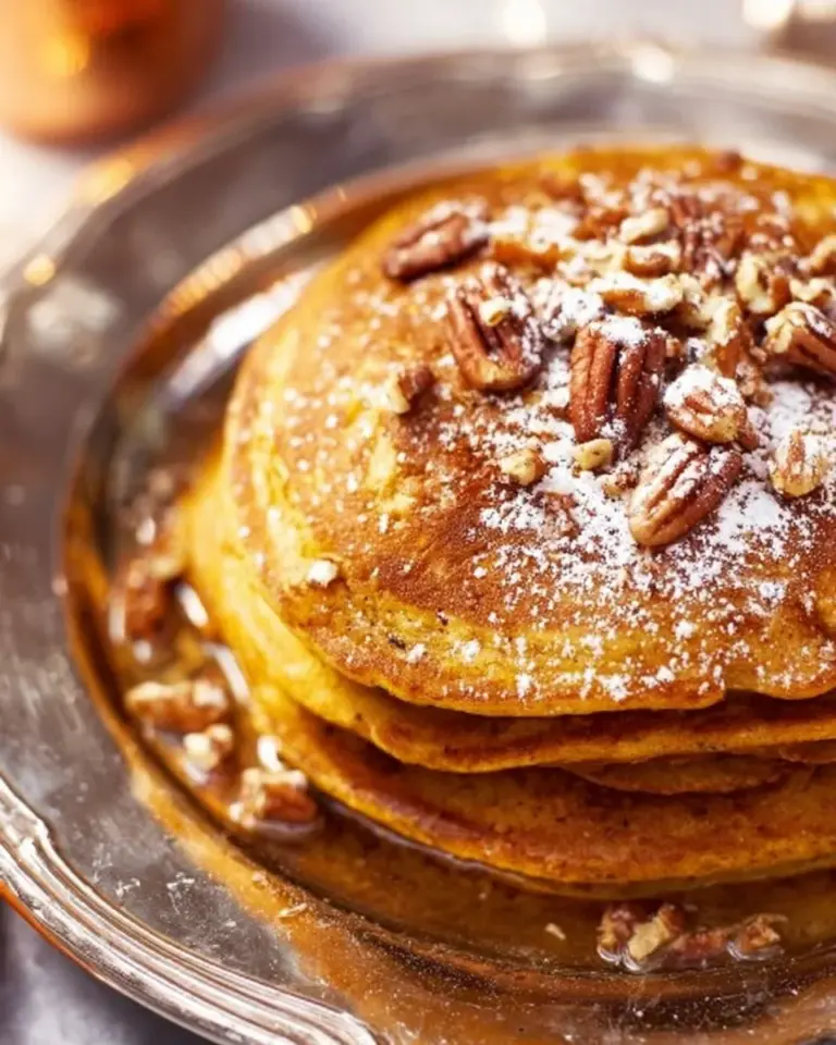 Fluffy pumpkin pancakes stacked with maple syrup drizzled on top.