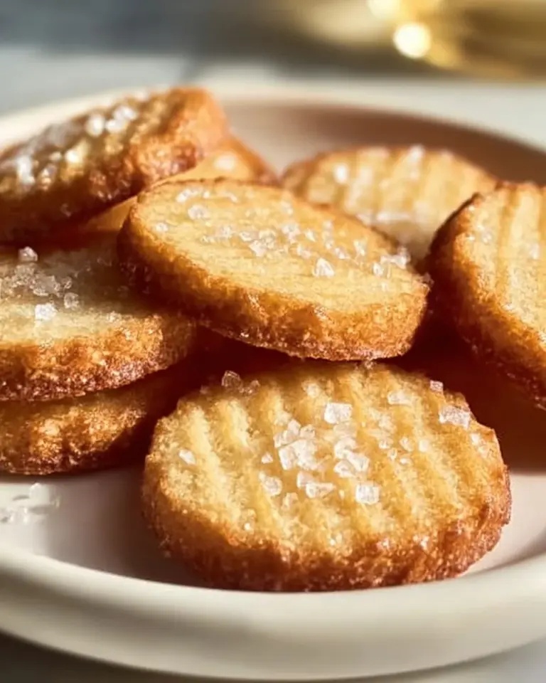 Plate of homemade French salted butter cookies with a sprinkle of sea salt