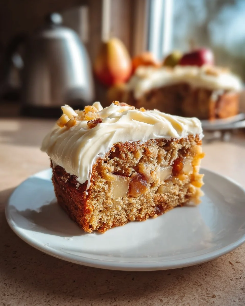 Fresh apple cake topped with cream cheese frosting on a wooden table