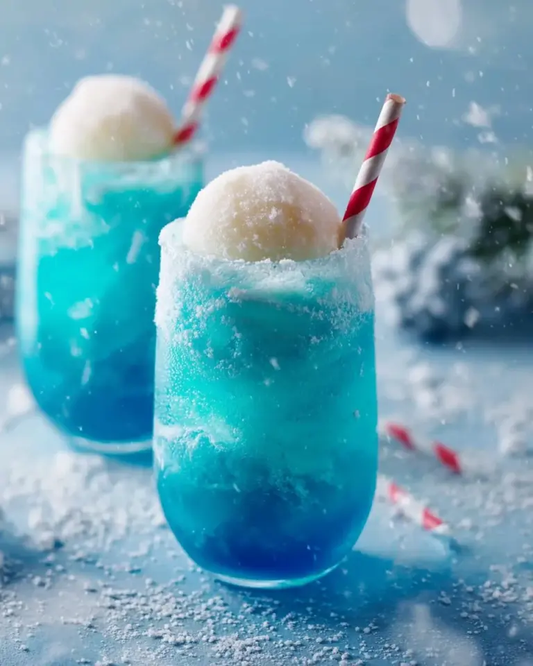 Refreshing Frozen Snowball Punch in a glass with ice and garnishes