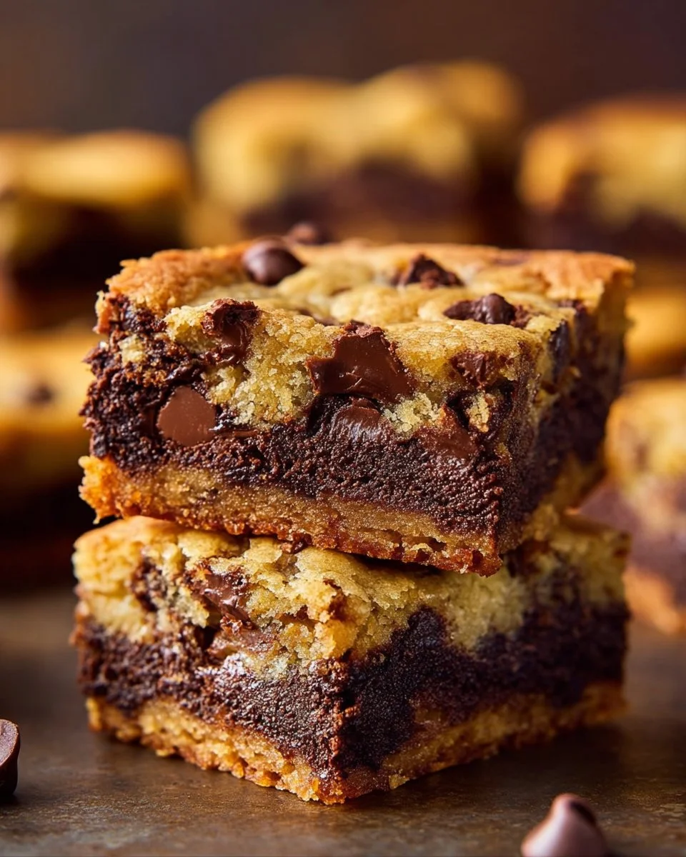 Fudgy chocolate chip cookie brownies stacked on a plate