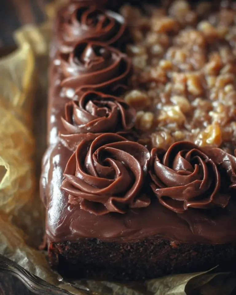 Delicious slice of homemade German Chocolate Cake with coconut pecan frosting
