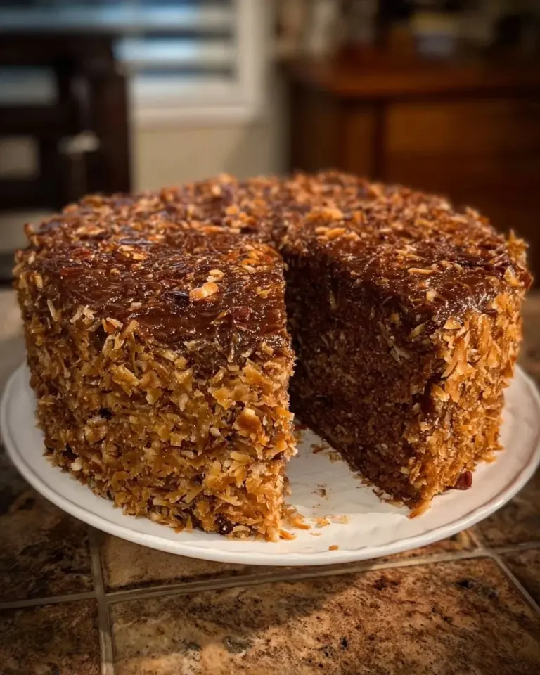 Delicious slice of German Chocolate Pound Cake on a plate with chocolate frosting