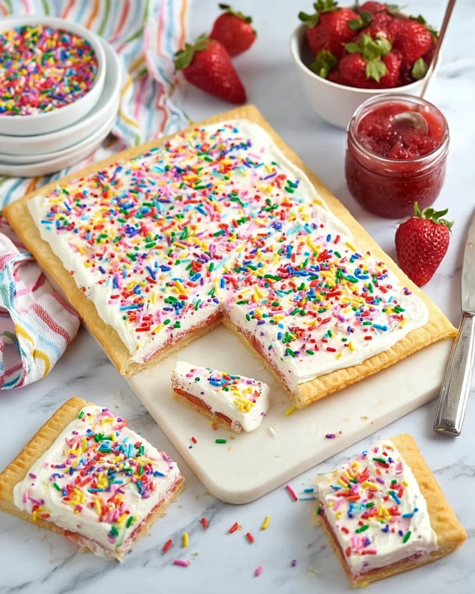 Giant Strawberry Pop Tart with frosting and sprinkles on a colorful plate
