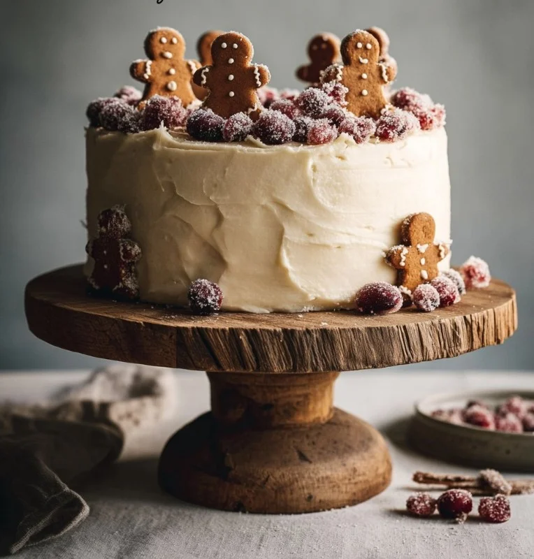 Slice of moist gingerbread cake topped with frosting and festive decorations.