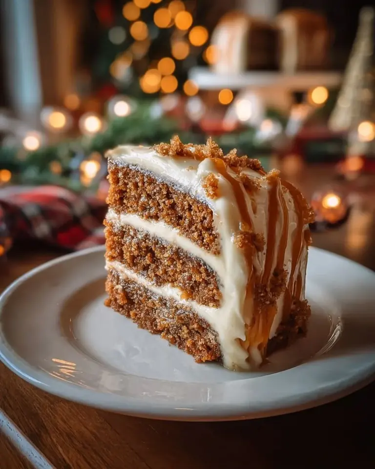 Gingerbread cake with cinnamon molasses frosting on a decorative plate.