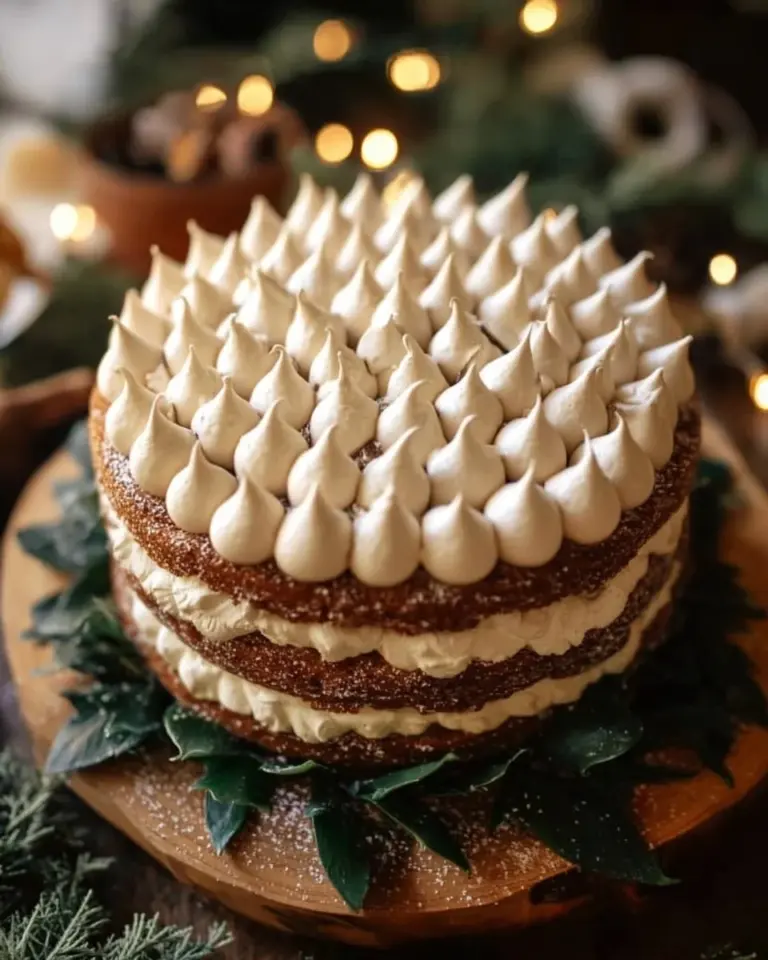Gingerbread Cake topped with spiced cream cheese frosting on a festive table