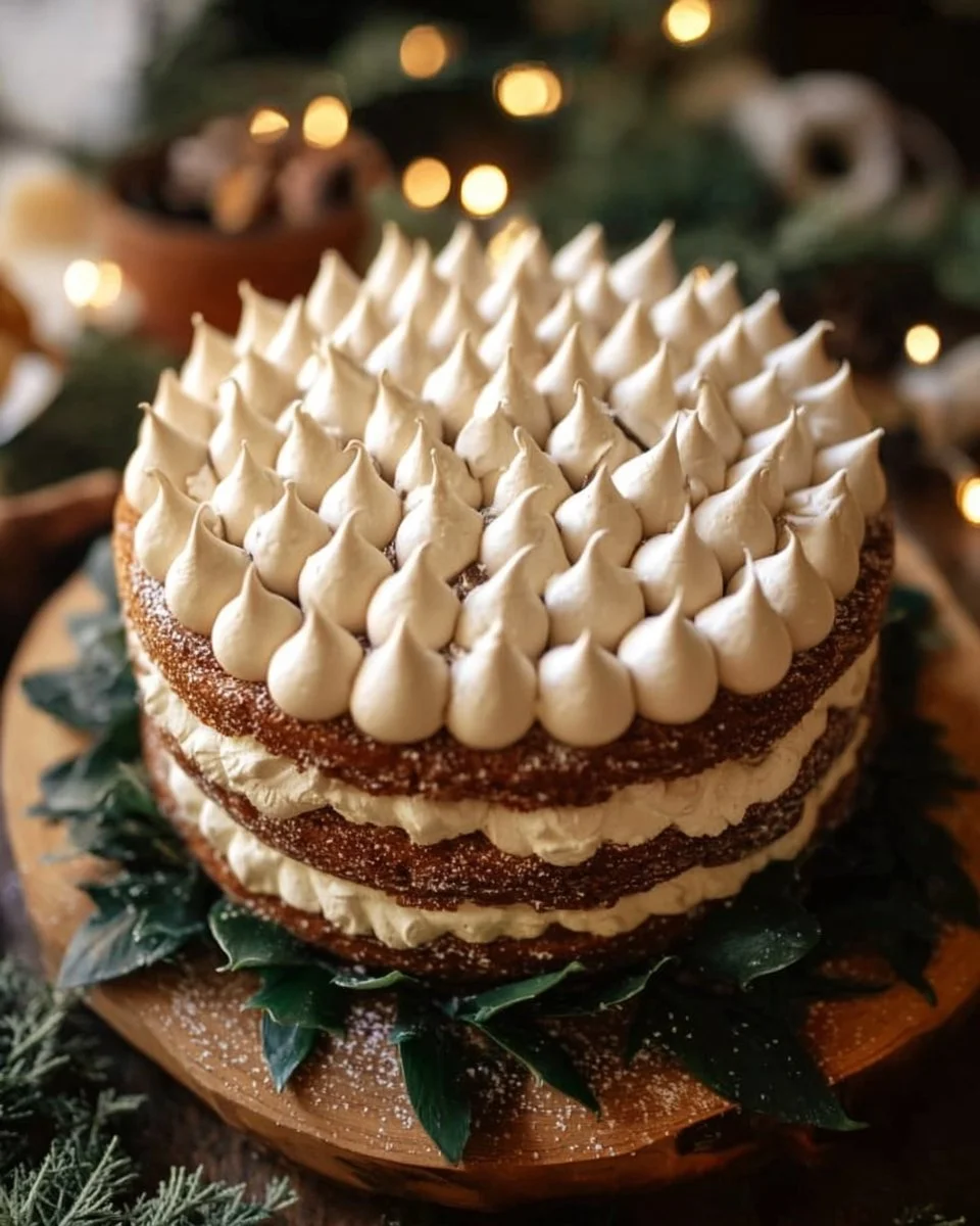 Gingerbread Cake topped with spiced cream cheese frosting on a festive table
