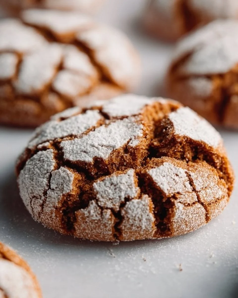 Plate of chewy Gingerbread Crinkle Cookies dusted with powdered sugar