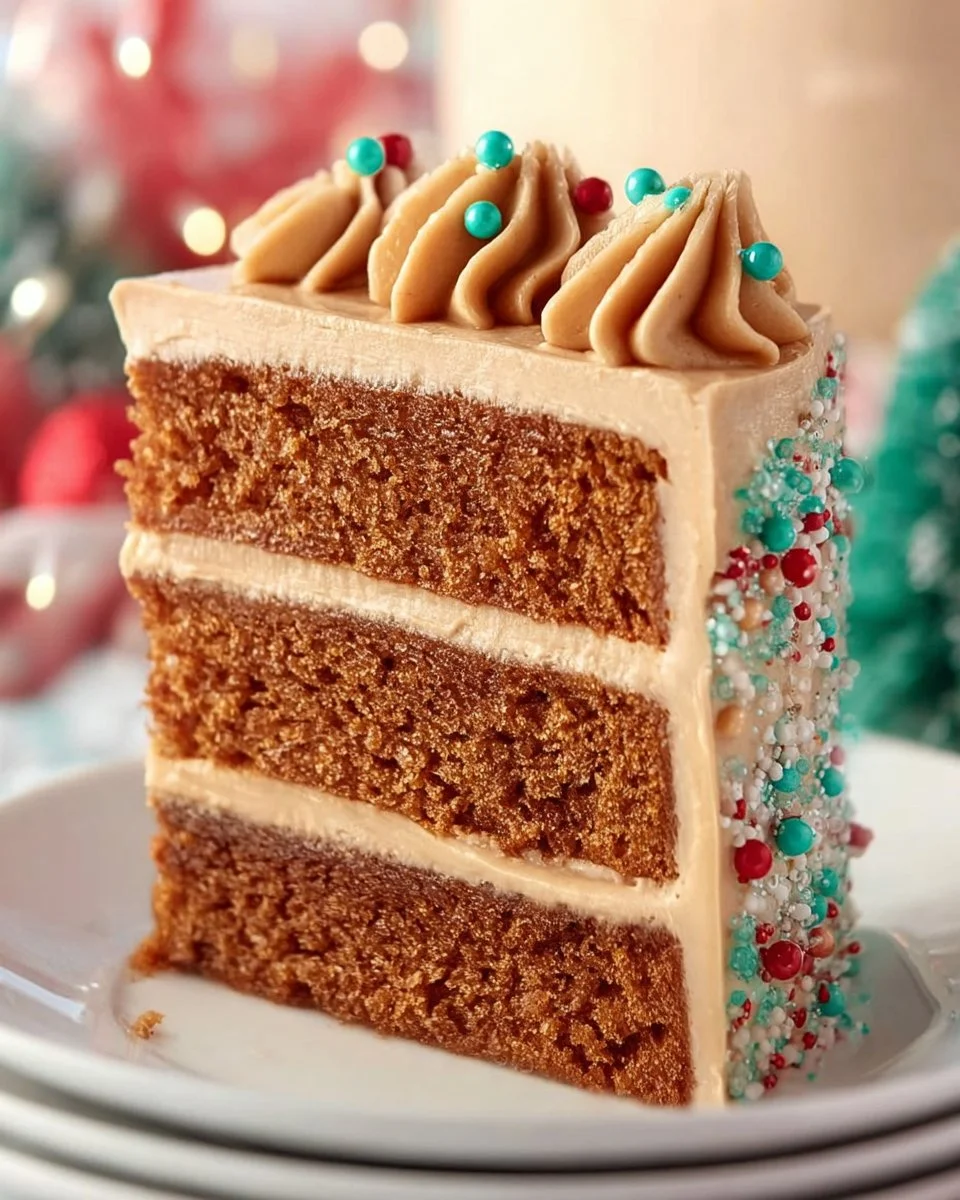 Gingerbread Latte Cake topped with whipped cream and gingerbread crumbs