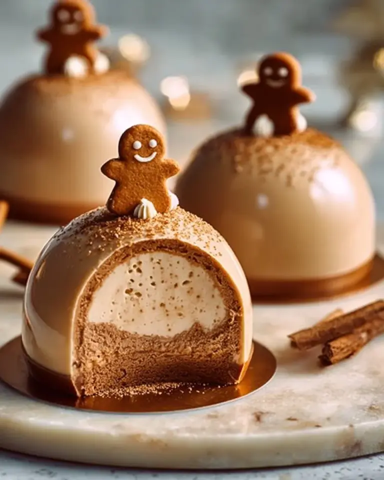 Delicious Gingerbread Latte Mousse Domes topped with festive decorations