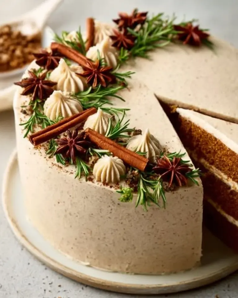 Delicious gingerbread layered cake with creamy frosting and festive decorations.