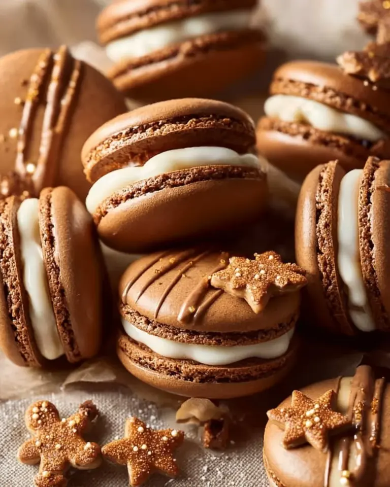 Gingerbread macarons with festive decorations and spices on a festive table