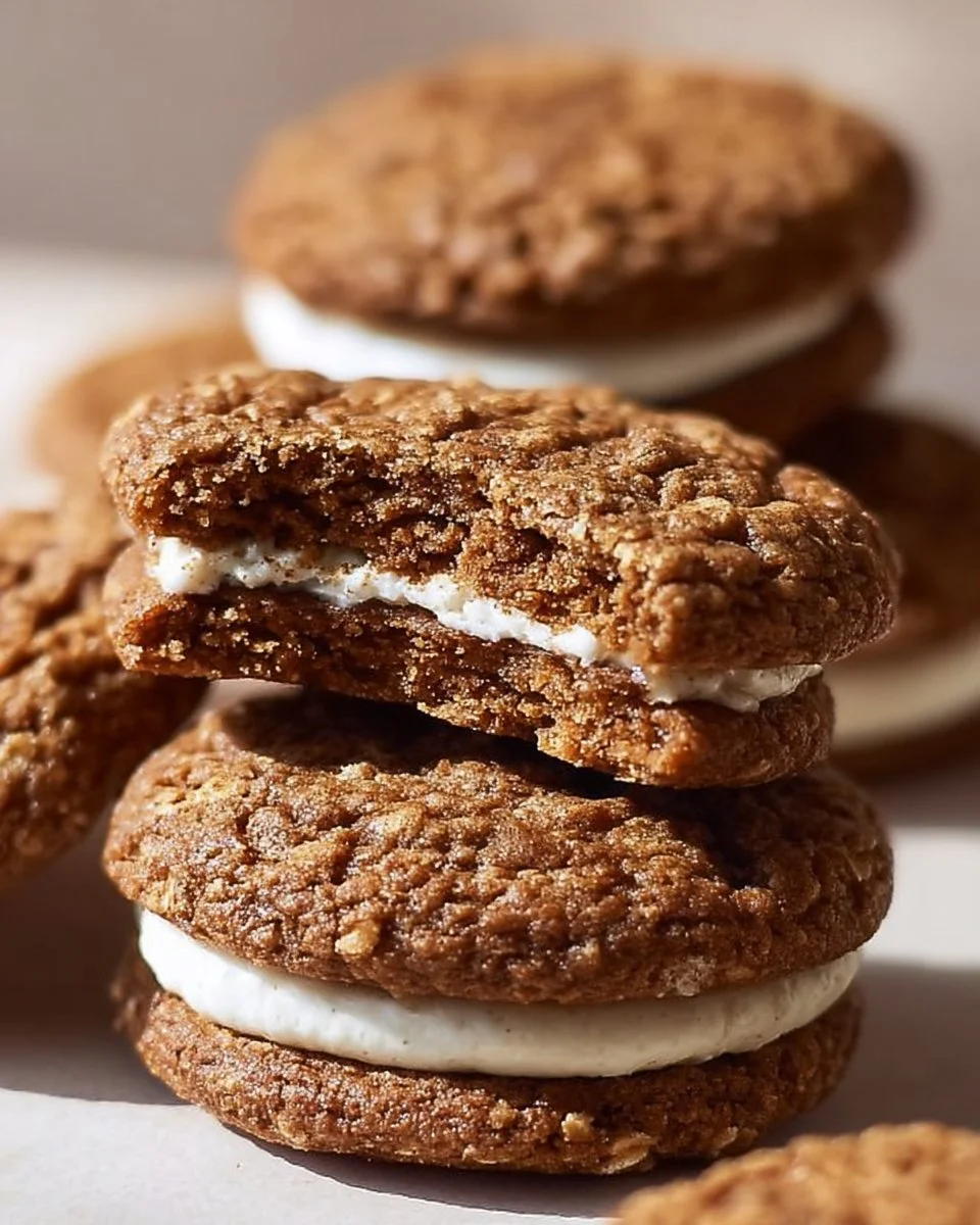 Delicious Gingerbread Oatmeal Cream Pies with cream filling on a festive plate