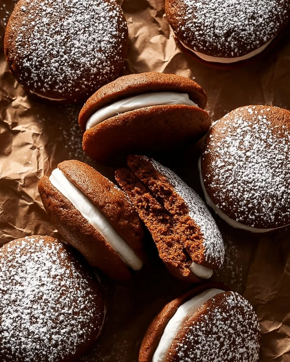 Gingerbread whoopie pies with creamy filling and festive decoration