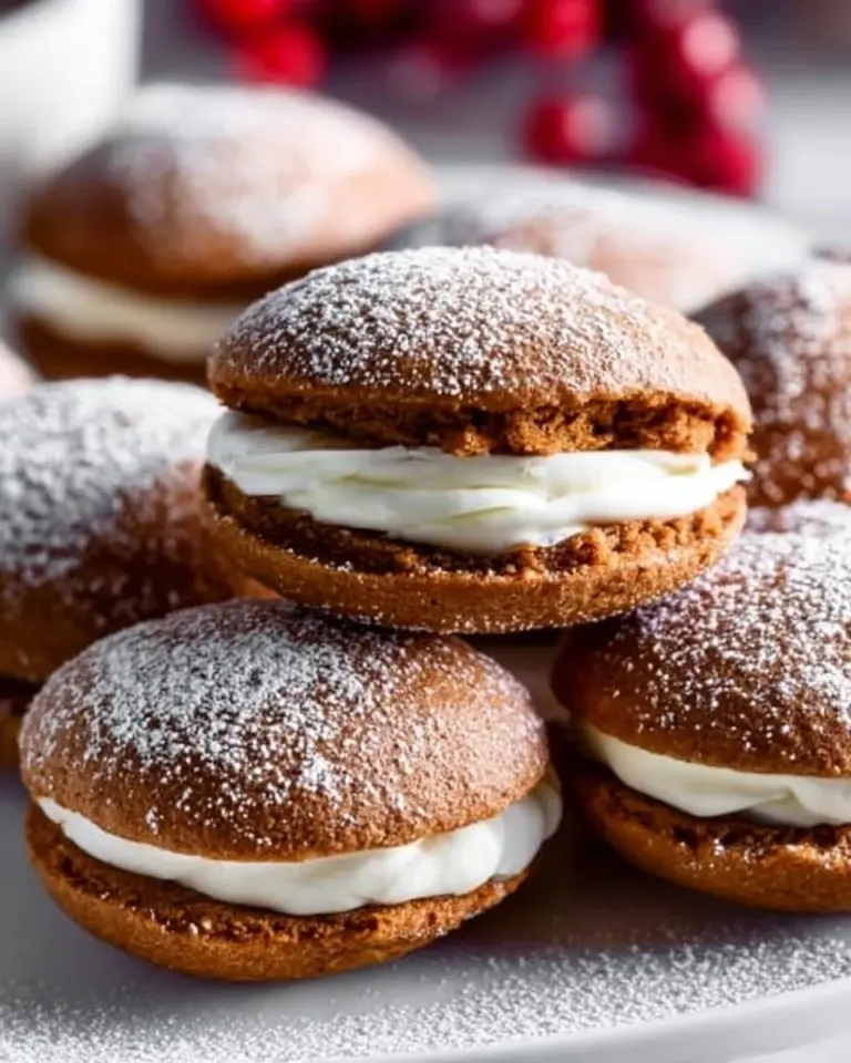 Gingerbread whoopie pies with cream cheese filling on a festive table