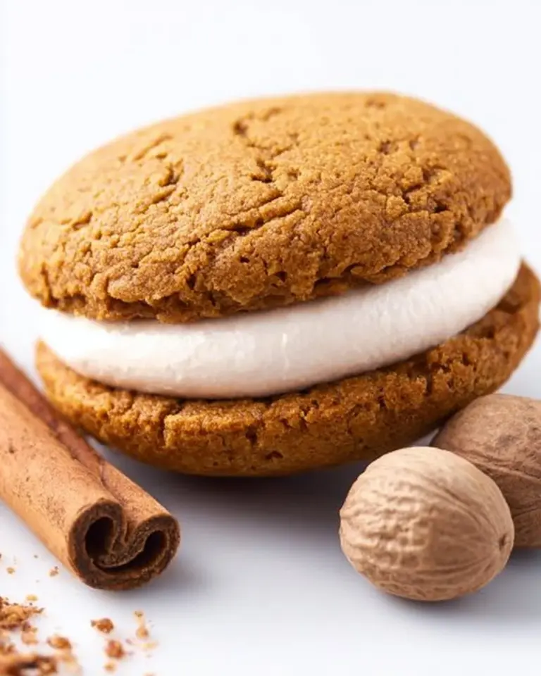 Gingerbread whoopie pies with eggnog filling on a festive table.