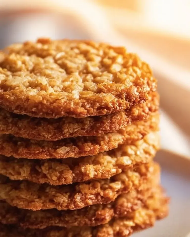 Grandma's oatmeal coconut lace cookies on a rustic table