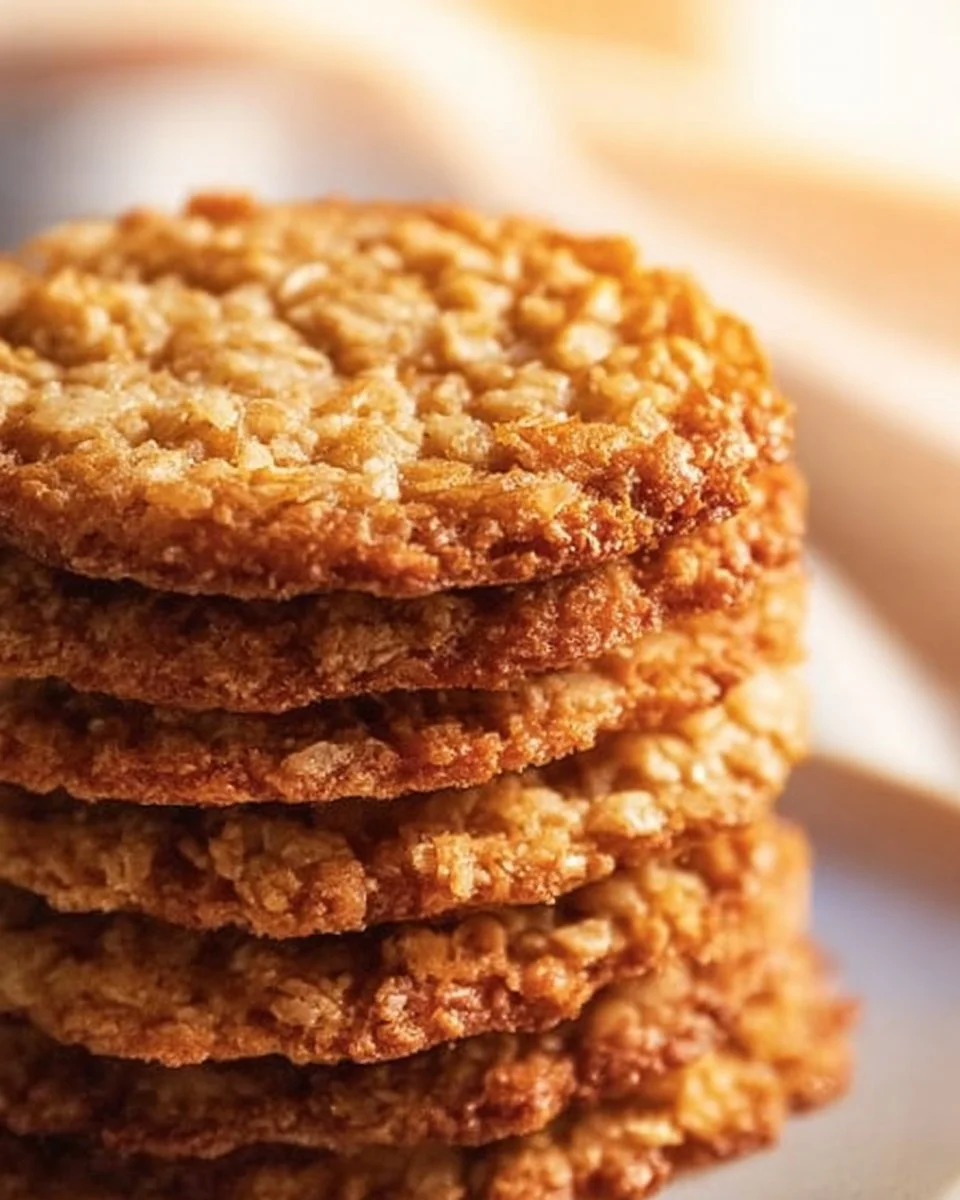 Grandma's oatmeal coconut lace cookies on a rustic table