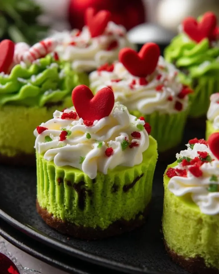 Festive Grinch mini cheesecakes decorated for Christmas