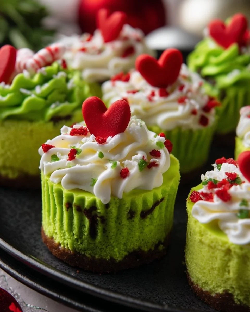 Festive Grinch mini cheesecakes decorated for Christmas