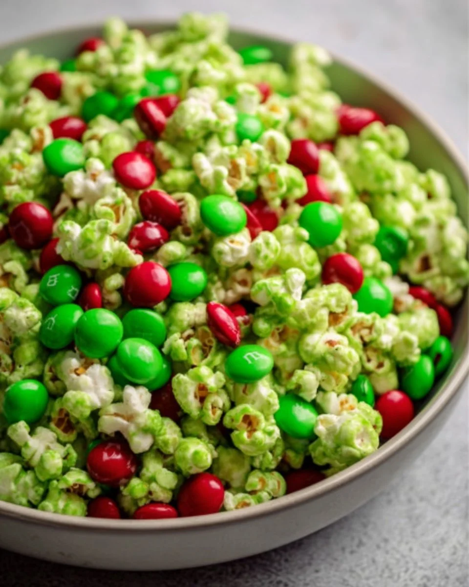Colorful Grinch popcorn mix in a festive bowl for holiday celebrations