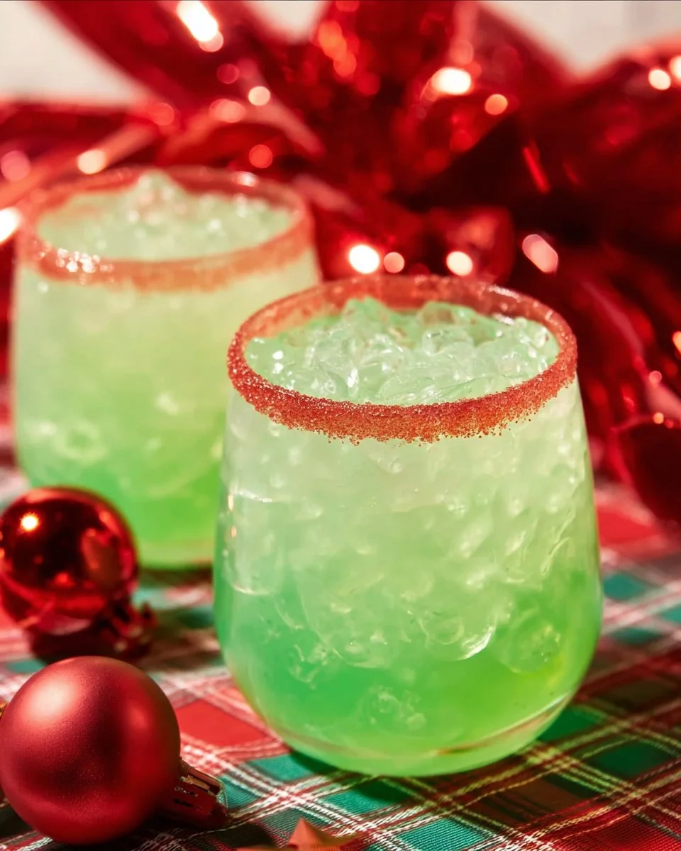 Festive Grinch Punch in a festive glass, perfect for holiday celebrations.