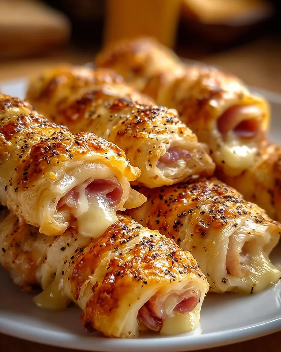 Cheesy ham and cheese sticks served on a plate