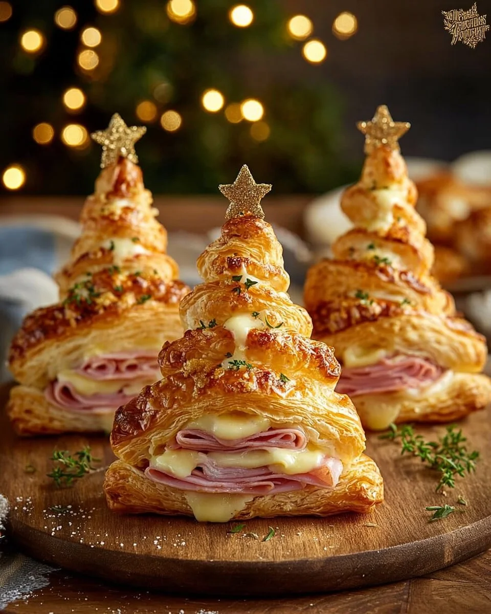 Ham & Cheese Puff Pastry Christmas Trees served on a festive platter