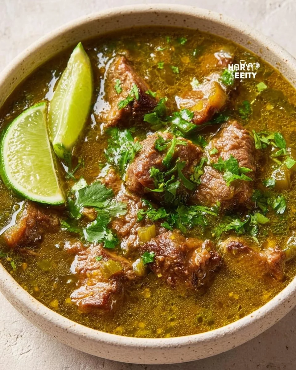 Bowl of Hatch Green Chili Stew with fresh ingredients and spices
