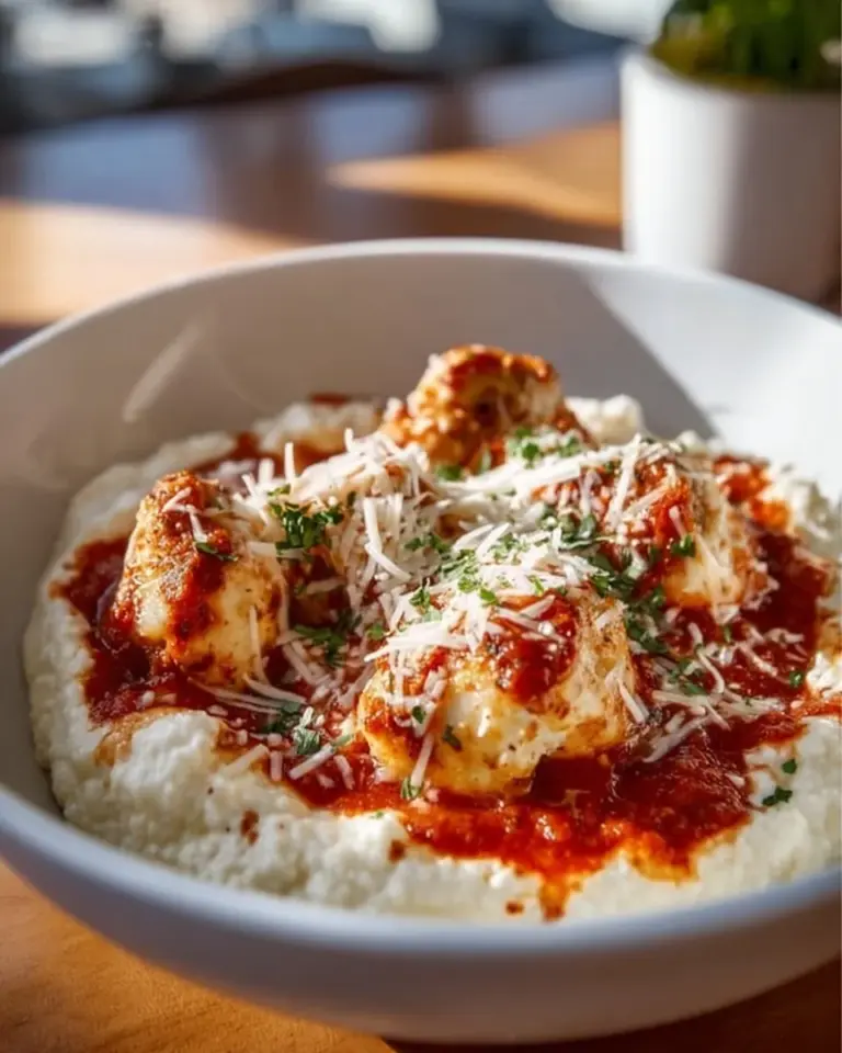 High Protein Chicken Parm Cottage Cheese Bowl with fresh ingredients