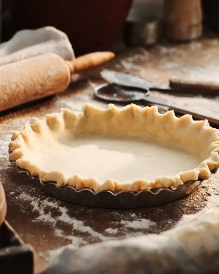 Homemade all-butter pie crust ready for baking in a pie dish.