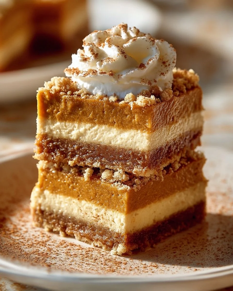Delicious homemade pumpkin cheesecake bars topped with whipped cream.