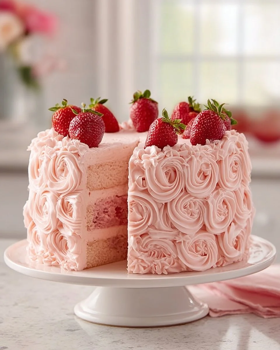 Homemade strawberry cake topped with fresh strawberries and whipped cream