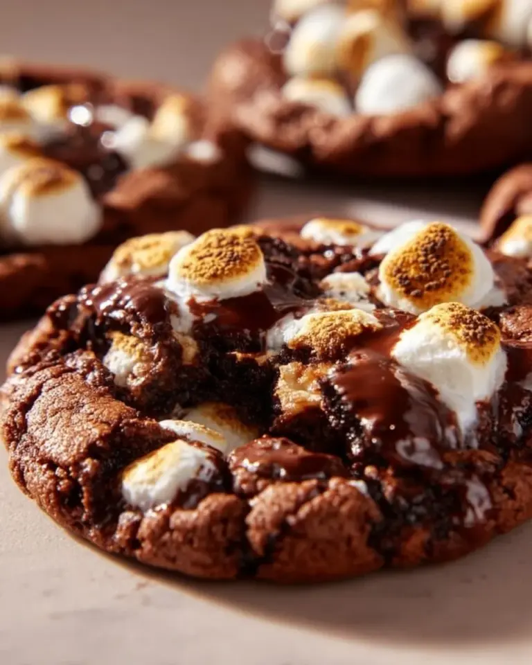 Delicious hot chocolate cookies fresh out of the oven, topped with melted marshmallow.