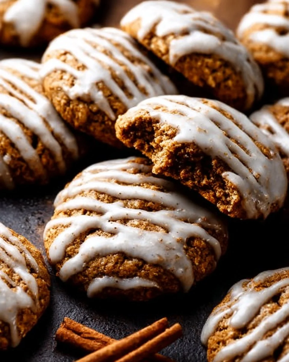 Iced gingerbread oatmeal cookies decorated with icing on a festive plate