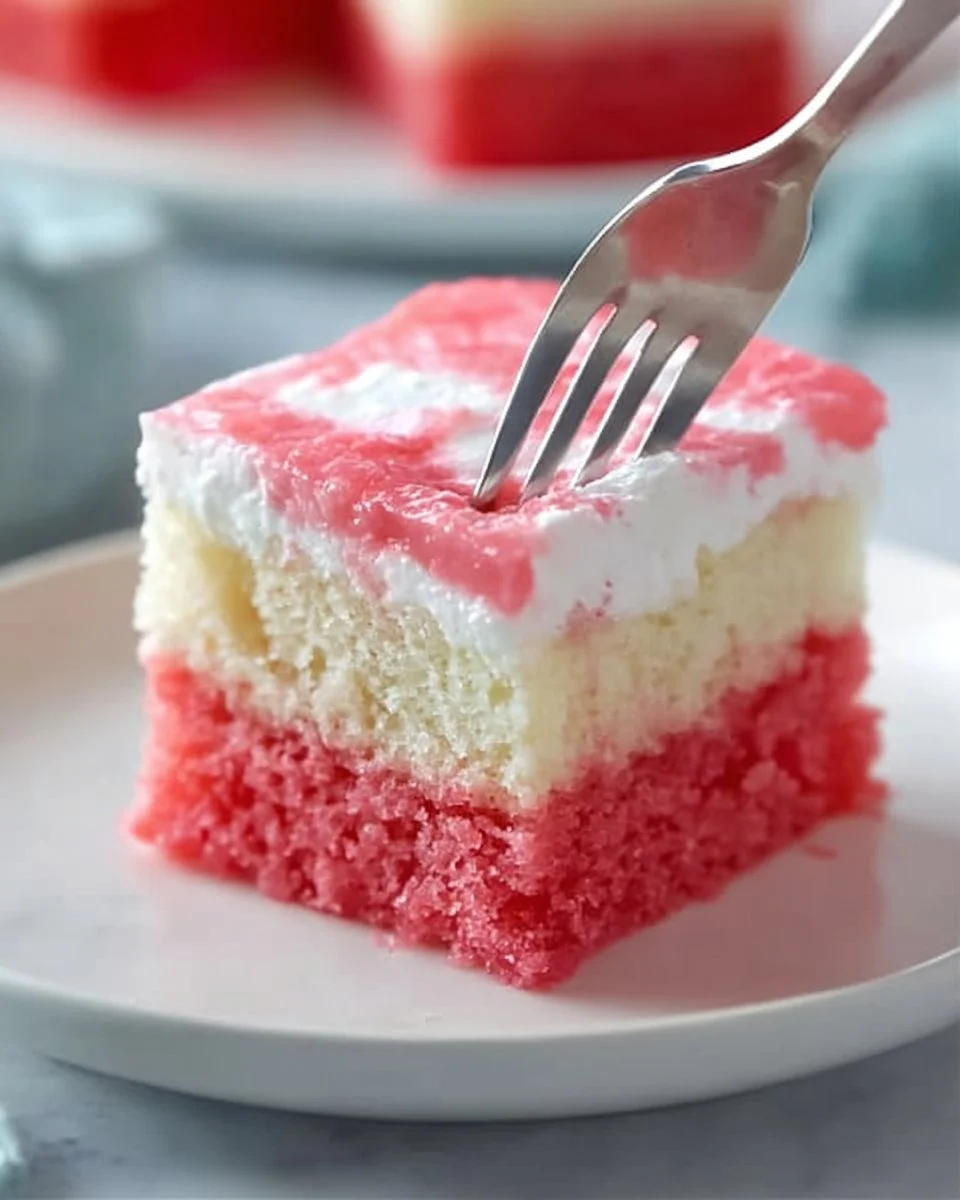 Delicious Jello Poke Cake topped with colorful jello and whipped cream