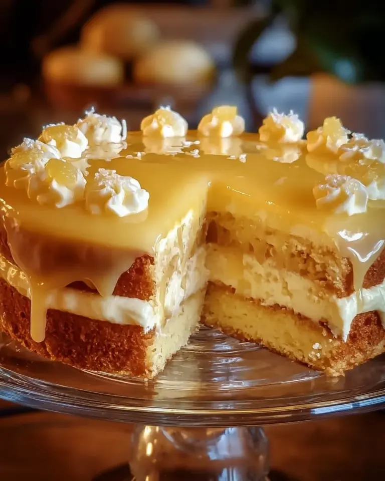 Juicy Pineapple Heaven Cake drizzled with icing and adorned with fresh pineapple slices.