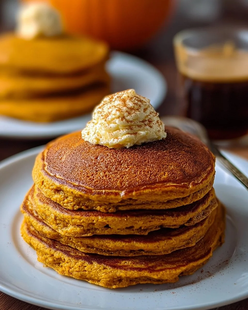 Fluffy pumpkin pancakes served with syrup and whipped cream
