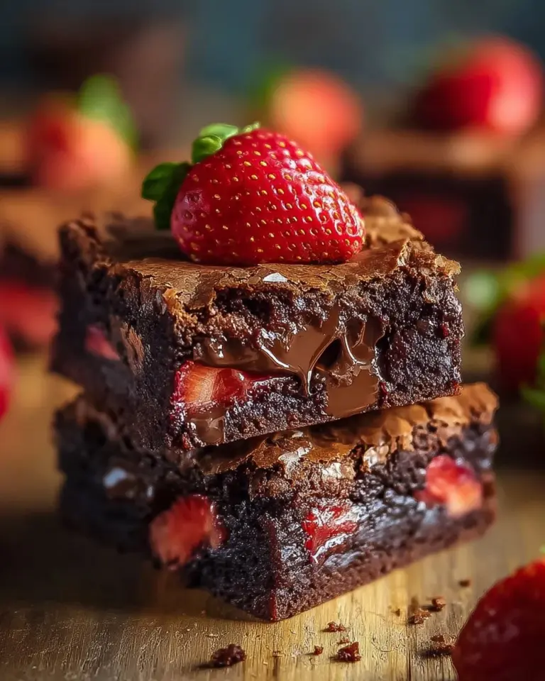 Delicious chocolate strawberry brownies topped with fresh strawberries.