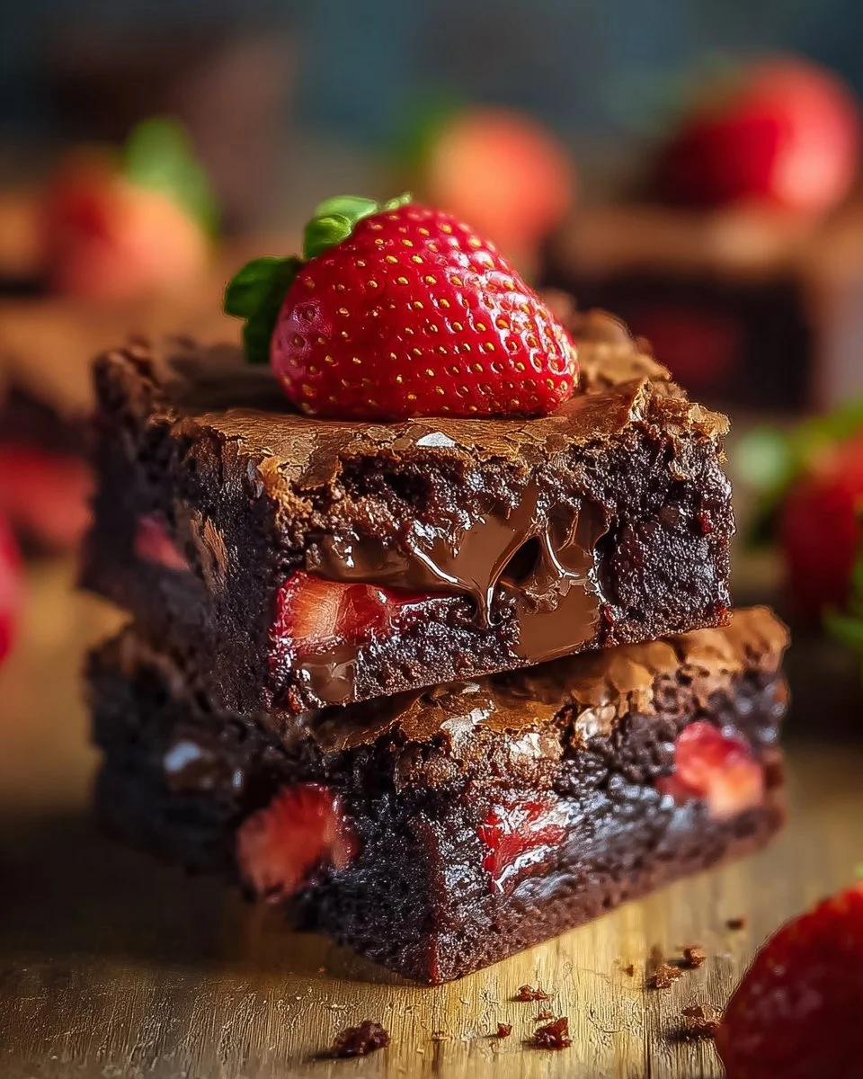 Delicious chocolate strawberry brownies topped with fresh strawberries.