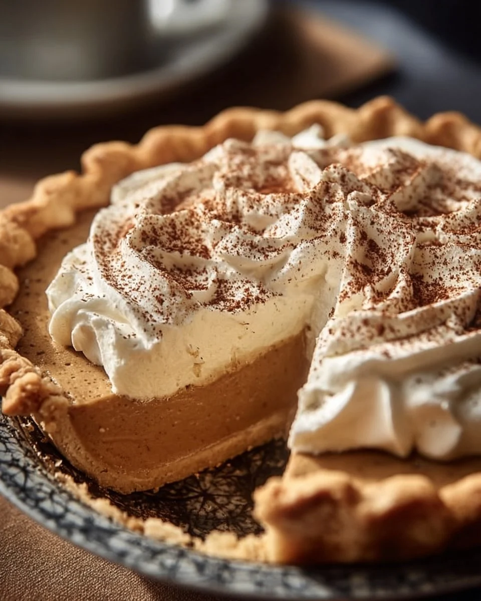 Delicious Maple Cream Pie topped with whipped cream and maple syrup