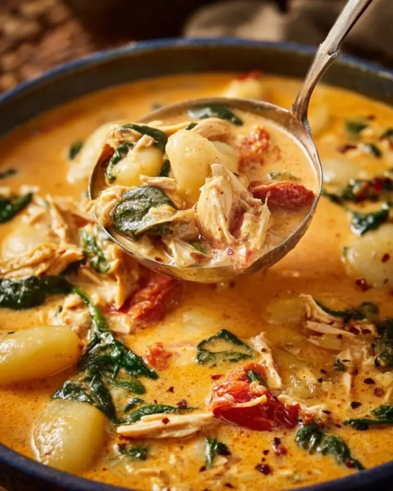 Bowl of Marry Me Chicken Gnocchi Soup garnished with herbs